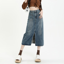 2023早春新款高腰复古蓝开叉牛仔半身裙女Jeans Skirts