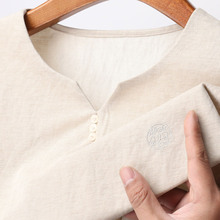 棉麻刺绣短袖T恤男士v领纯色夏季新款中国风国潮中青年上衣薄款