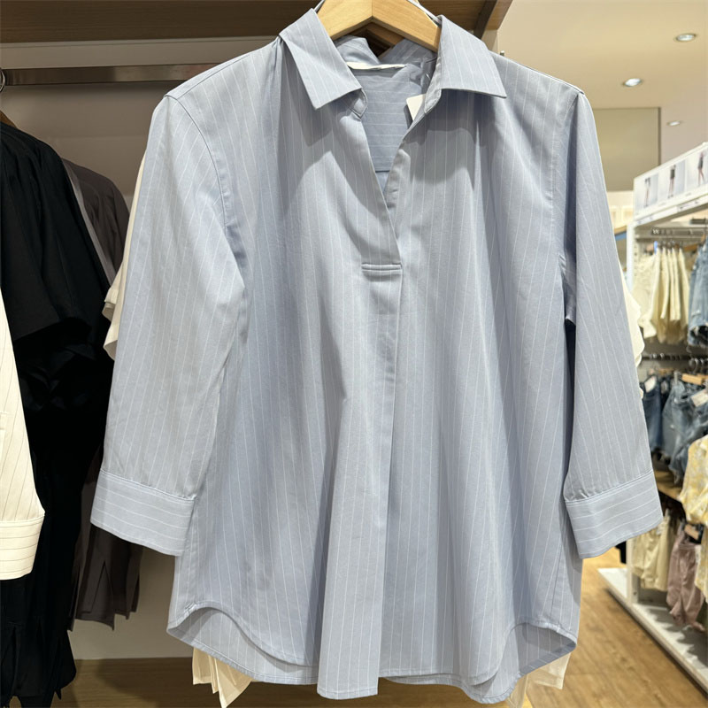 日单女装休闲花式半开领条纹衬衫7分袖2024夏新款通勤衬衣 470990