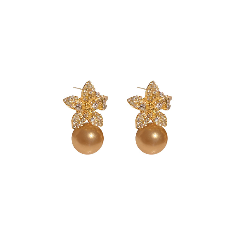 925 Silver Needle Champagne Pearl Diamond Flower Earrings French Retro Stud Earrings Sweet Elegant Lady Ear Rings