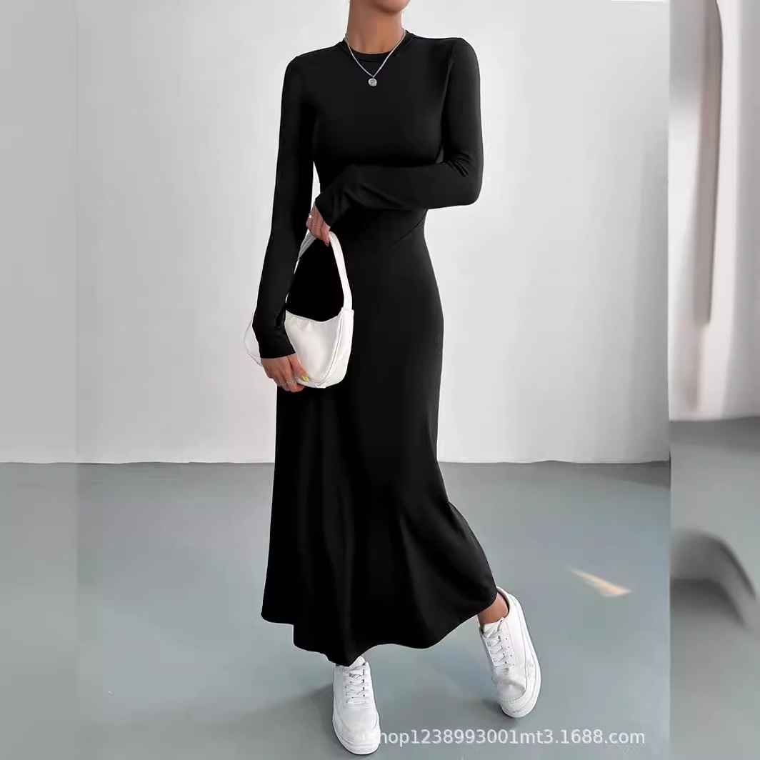 跨境女装亚马逊独立站外贸欧美优雅气质修身黑裙子圆领高端连衣裙