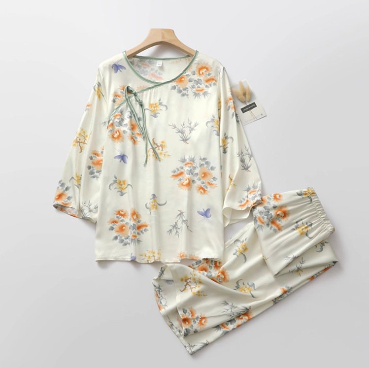 Chinese Style Ice Silk Satin Cotton Silk Chinese Button Knots Pajamas Women's Spring and Summer Home Wear Thin Suit Printing Air Conditioning Clothes
