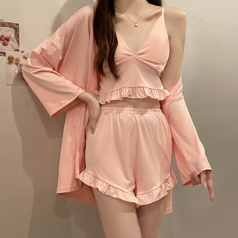 Women's Suspender Pajamas Summer 2024 New Spring and Summer Small Sexy with Breast Pad Pink Long Sleeve Coat Shorts Three-Piece Set