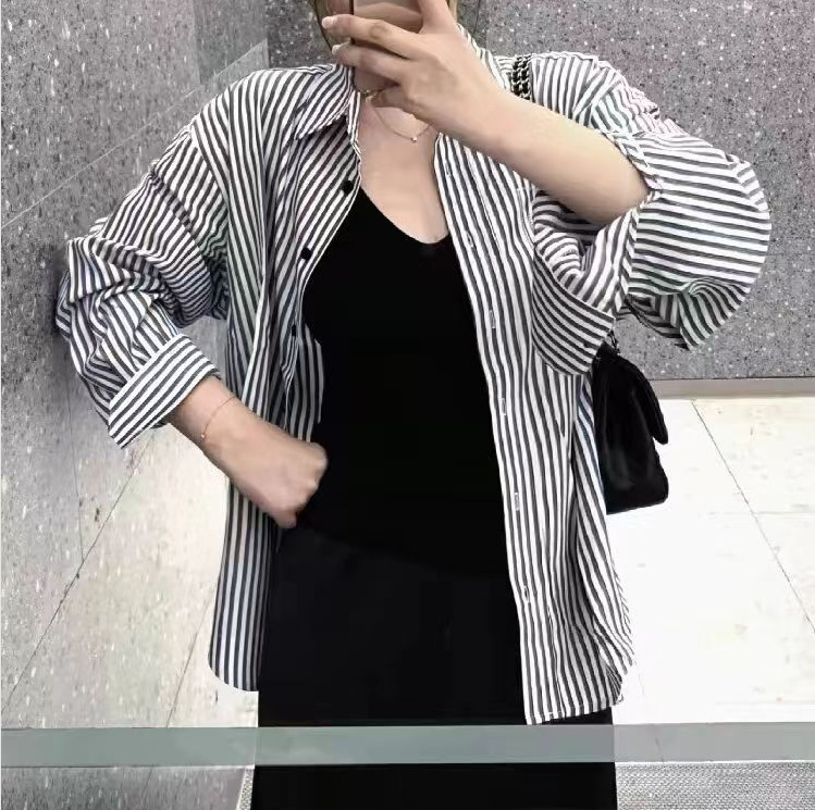 黑白条纹防晒衬衫女2024夏季新款小个子休闲宽松薄款长袖衬衣外套