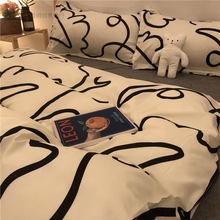 床单单品印象派线条涂鸦四件套白色被罩美式被单床上用品黑白男