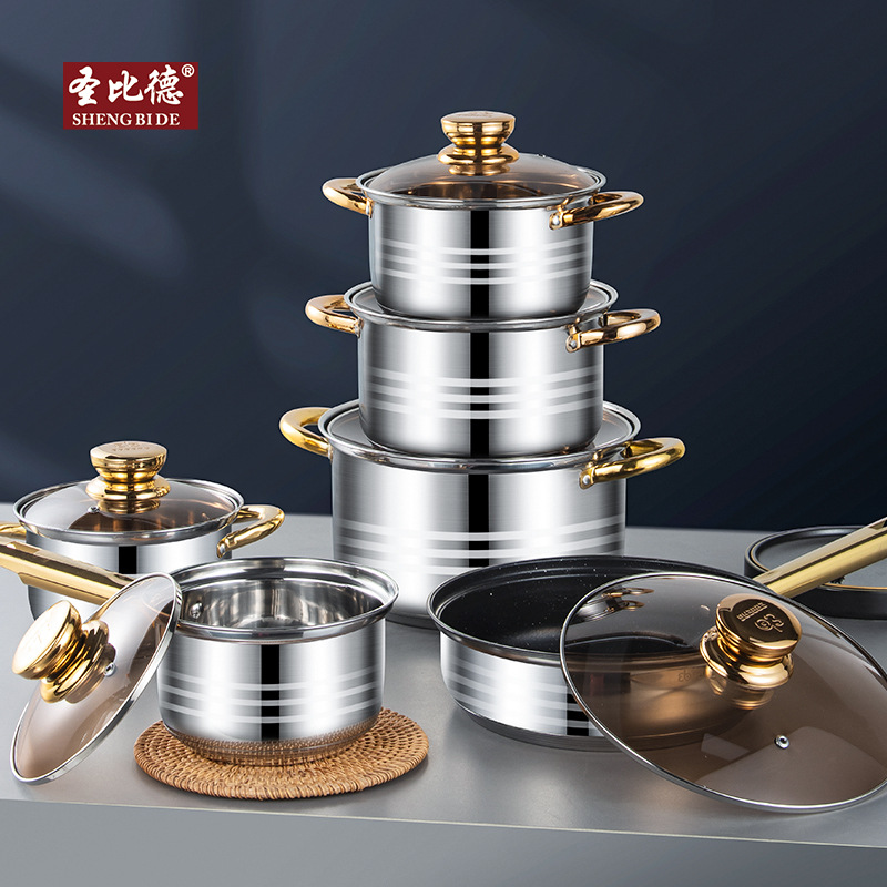 Foreign Trade Stainless Steel Pot 12-Piece Set Golden Handle Double Bottom Non-Stick Pan Soup Pot Cross-Border Pot Set Pot