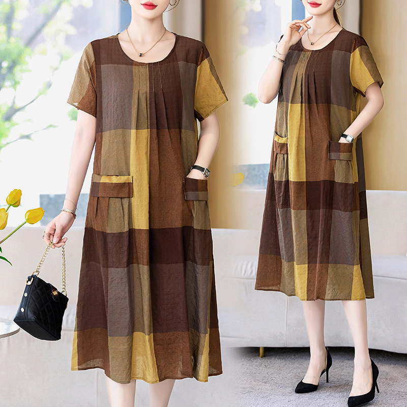 新款气质洋气好棉麻连衣裙夏季女装印花妈妈时尚中老年人造棉裙子