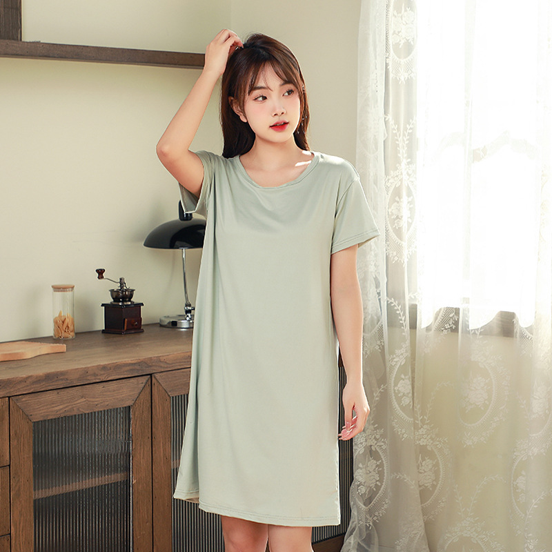 Spring and Autumn Nightdress for Women Summer Pajamas Cool Short-Sleeved Maternity Dress Can Be Worn outside Large Size Loose Soft Ice Silk Pajamas