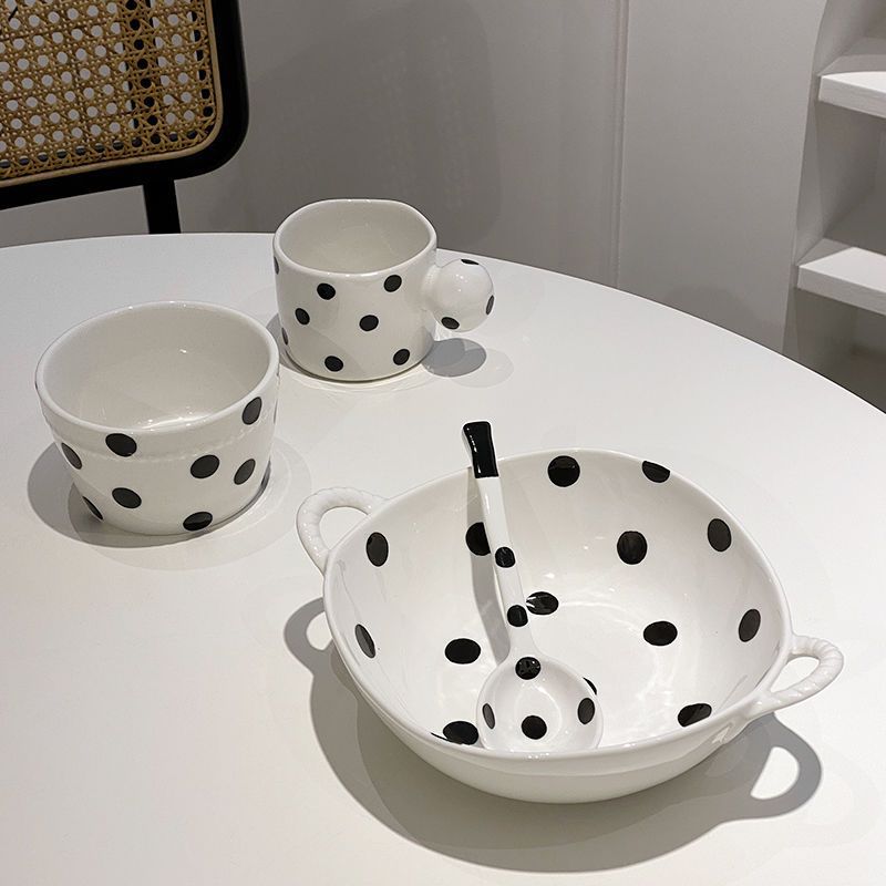 家用一人食陶瓷餐具简约黑白波点米饭碗双耳面碗创意长柄喝汤勺子