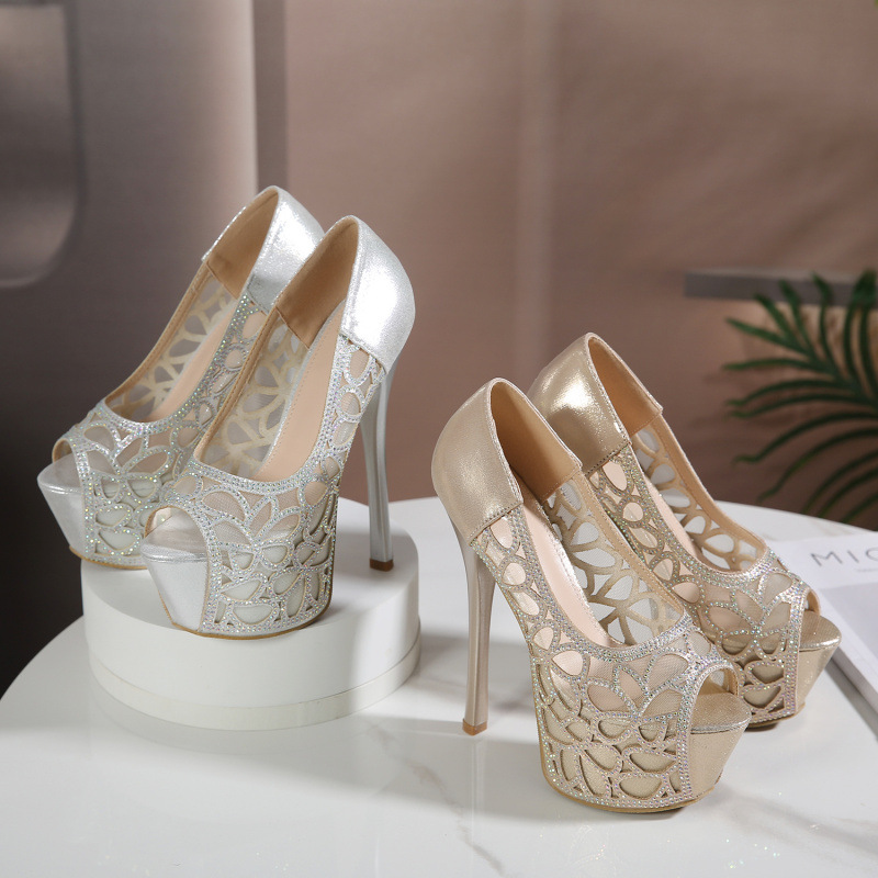 2024年秋季新款 厚底防水台超高跟水钻细跟性感鱼嘴细高跟单鞋