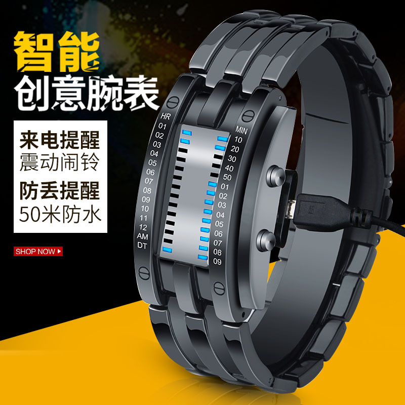 时刻美手表工厂韩版二进制创意LED男士电子手表情侣钢带腕表女表