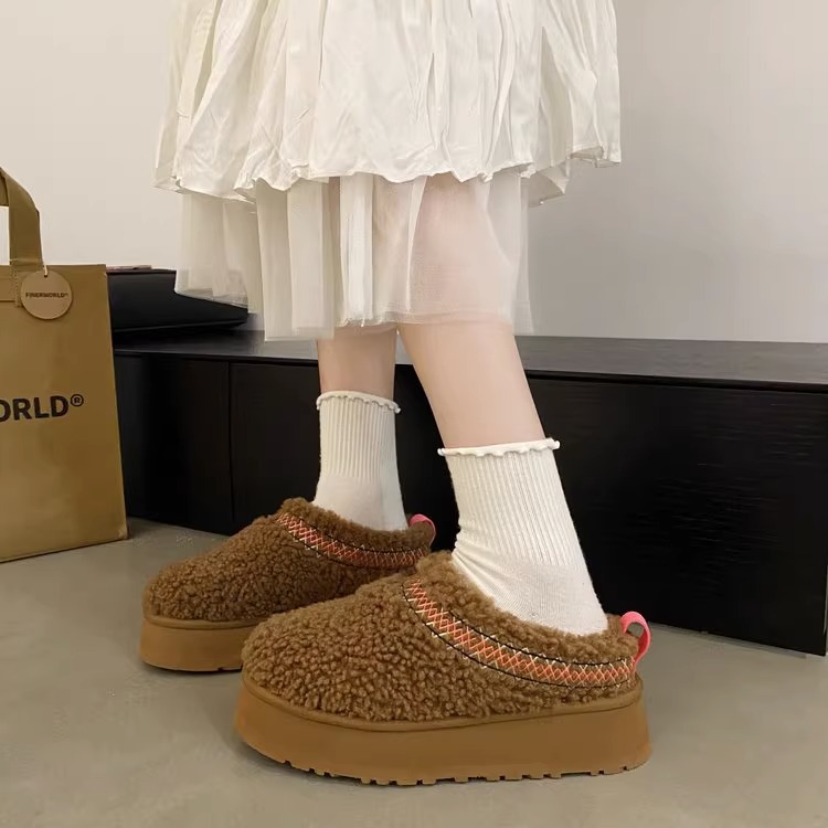 Thick Bottom Toe Cap Half Slippers Women's Autumn and Winter 2023 Fur Integrated Lamb Wool Fleece-lined Warm Slip-on Cotton Shoes