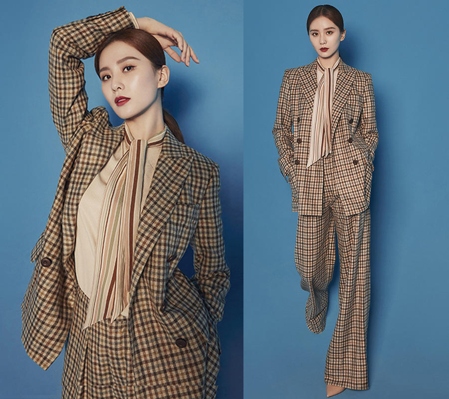 明星刘诗诗同款时尚炸街格子西装套装女韩版秋季西服微喇裤两件套