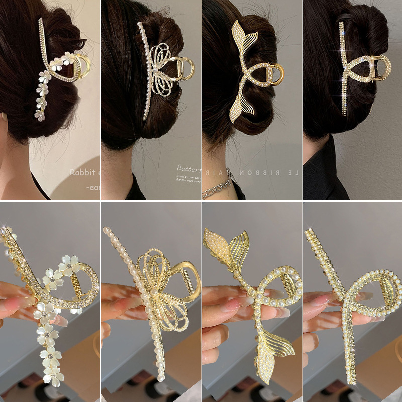 Instafamous Metal Grip Women's Large Shark Clip Hairware Light Luxury Pearl Barrettes Back Head Elegant Hair Pin Hair Accessories