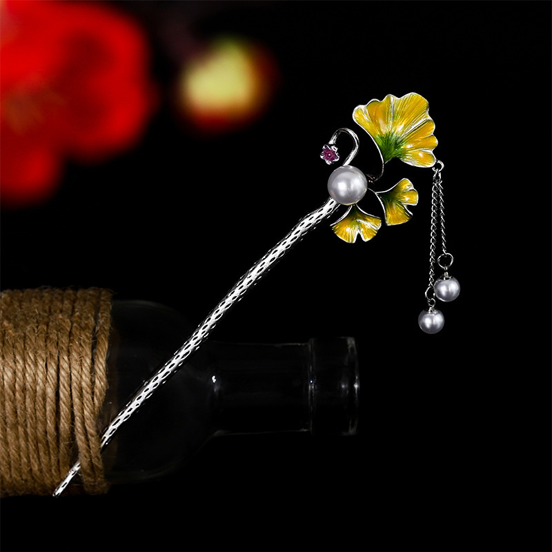 复古 古装流苏步摇发钗 滴油银杏叶珍珠发饰 汉服盘发发簪-阿里巴巴