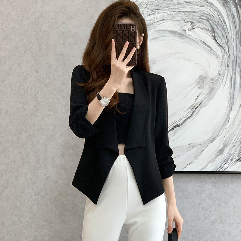 夏季薄款白色西装外套女休闲小个子七分袖吊带连衣裙职业套装气质