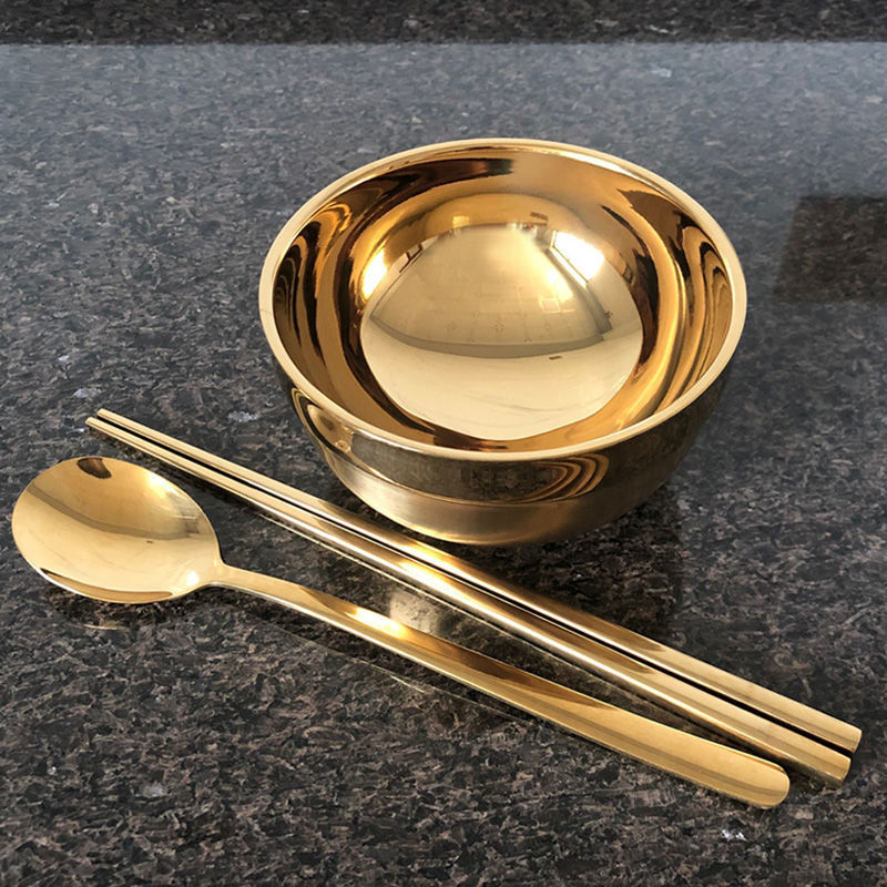 金碗金饭碗筷304不锈钢隔热碗家用钛金碗筷套装免费刻字金碗批发