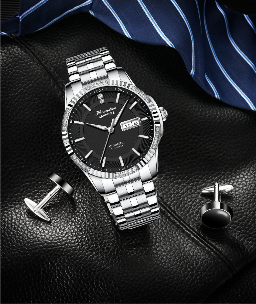 海帝斯盾瑞士品牌1608镶钻全自动机械手表 防水蓝宝石男商务手表