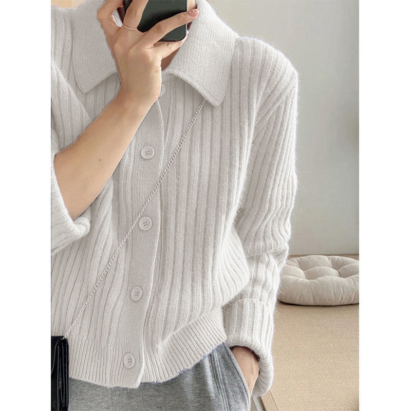 Klein Blue Lapel Sweater Cardigan for Women Spring and Autumn 2023 New Lazy and Loose Soft Glutinous Knitted Coat Top Women Clothes