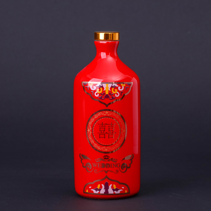 陶瓷婚庆酒瓶结婚喜宴空架用酒瓶一斤装红色白酒瓶直筒酒坛子密封