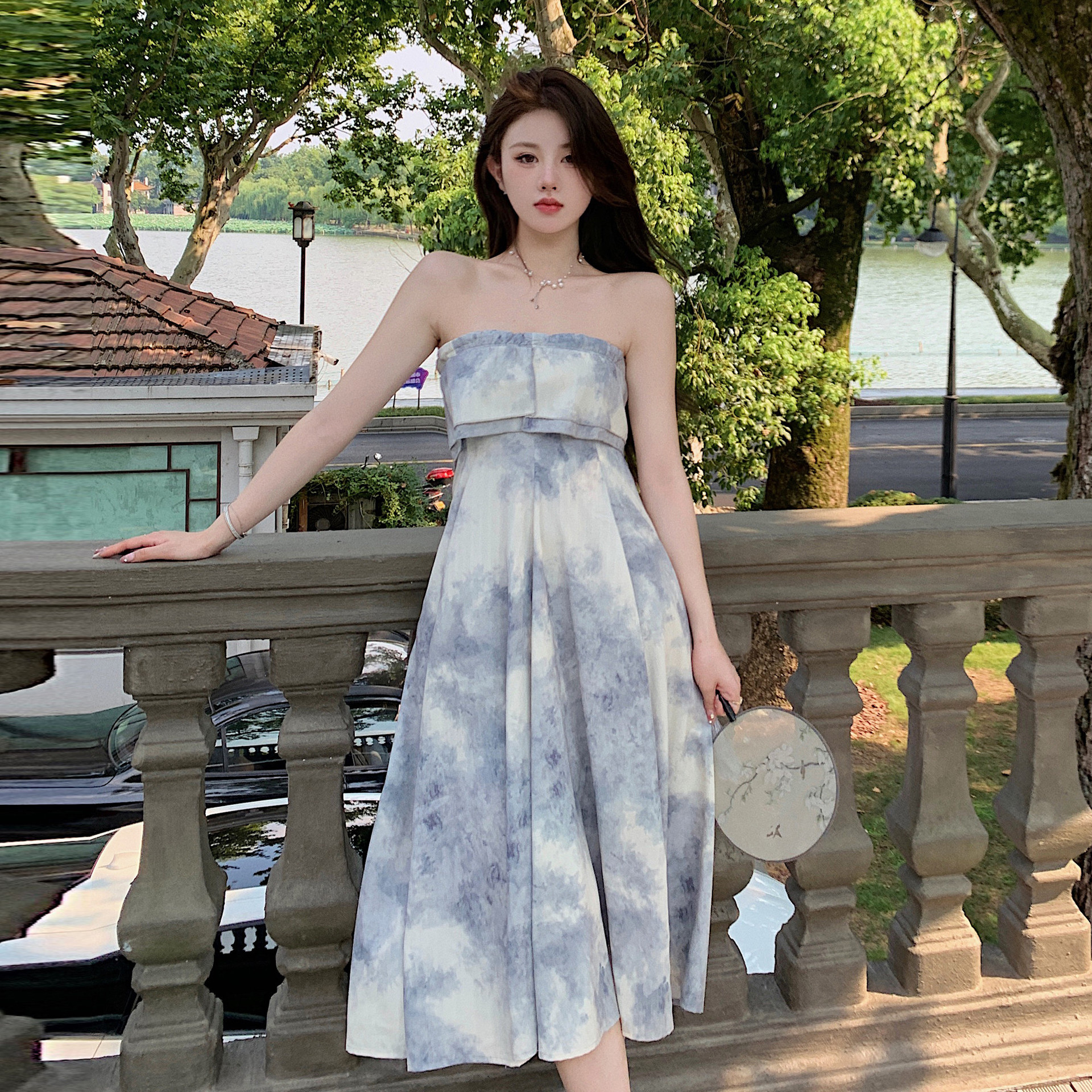 水墨晕染显白裹胸裙夏季高级感显瘦复古裙子一字肩抹胸连衣裙超仙