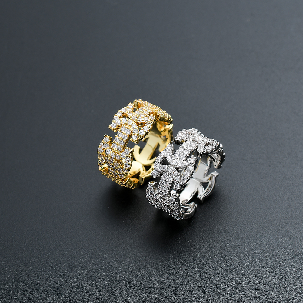 嘻哈男士戒指 外贸ins满锆古巴戒指 欧美说唱11mm潮流情侣指环