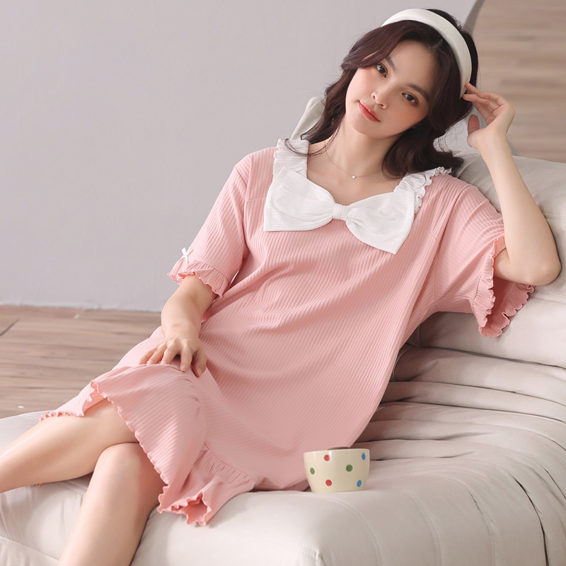 Korean Style Nightdress Women's Summer Cotton Short-Sleeved Dress Cartoon Large Size Ladies' Homewear Loose Pajamas Women Wholesale