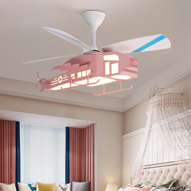 One Piece Dropshipping Children's Room Fan Lamp 2022 New Bedroom Aircraft Ceiling Light Cartoon Mute Wooden Leaf Ceiling Fan Lights