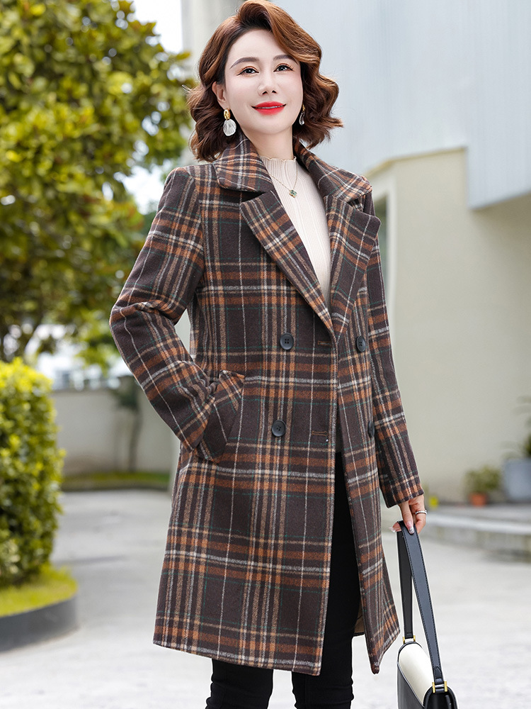 中老年女装大衣妈妈秋装时尚中年格子秋冬季毛呢外套2024洋气新款