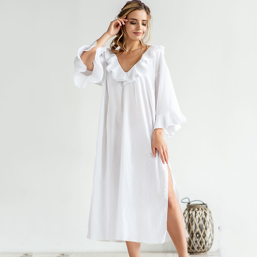 秋季欧美长袖睡裙长款开叉荷叶边可外穿宽松白色纯棉睡衣女士居家