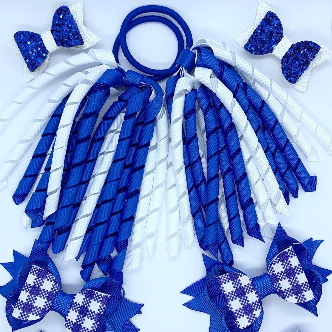 跨境新款儿童发夹卷卷带蝴蝶结头饰套装女童发卡蓝色皮革手工发夹