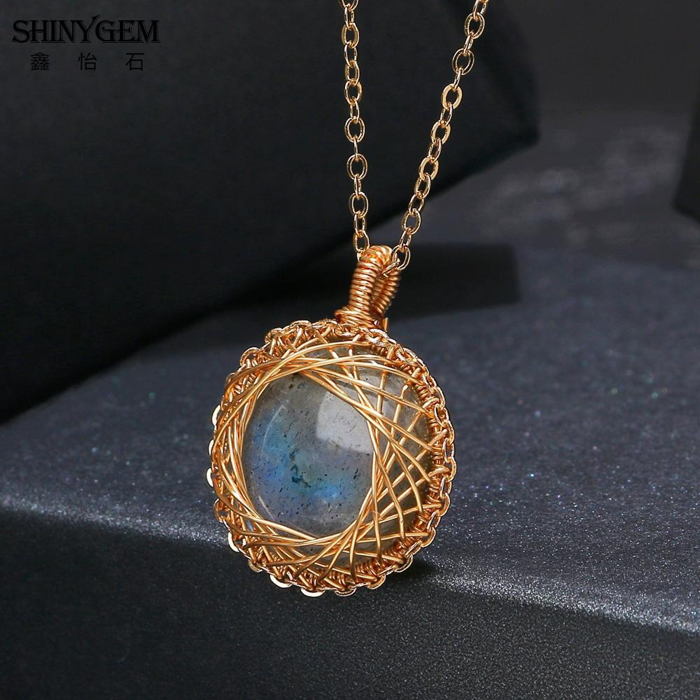 外贸新款 巴洛克风格拉长石闪光石吊坠项链14k包金铜线纯手工制作