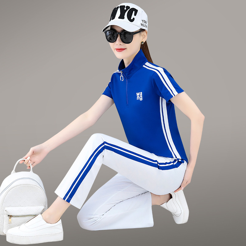 名牌运动服套装女夏季薄款时尚休闲阔腿裤显瘦减龄短袖两件套6111