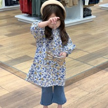 韩国童装女童秋款时髦泡泡袖碎花连衣裙牛仔喇叭裤两件套外贸