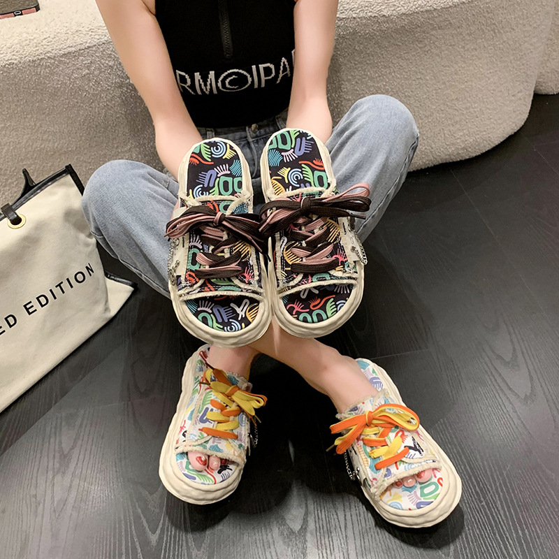 2023 Personalized Graffiti Dissolved Platform Slippers Women's Summer Wear New Canvas Sandals Internet Hot Milk Huhoo Shoes