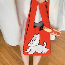 2024夏季设计感手提包包新款休闲卡通小狗针织包红色手拎托特包女