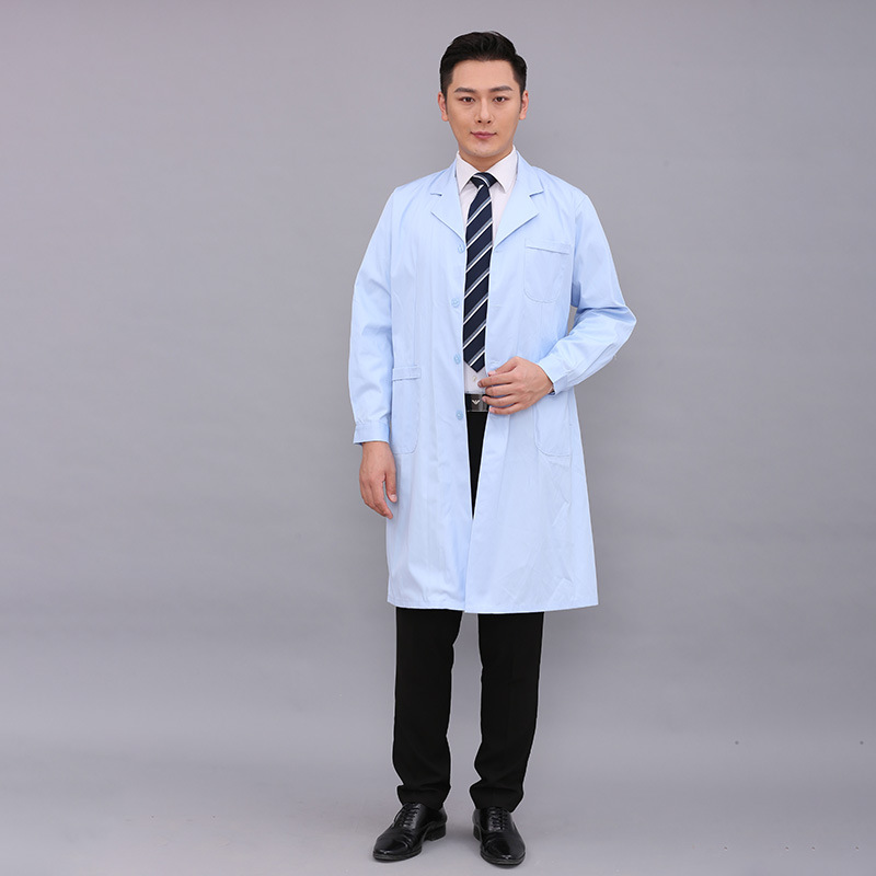 男蓝色长袖纽扣浅蓝色医生服蓝大褂长袖冬夏天诊牙科药店工作服师