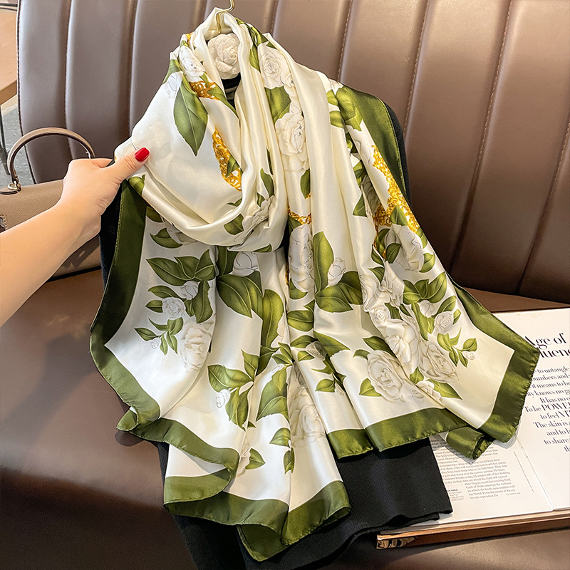 spring and summer new printed flower scarf shawl artificial silk western style elegant scarf extra large dual-use beach towel