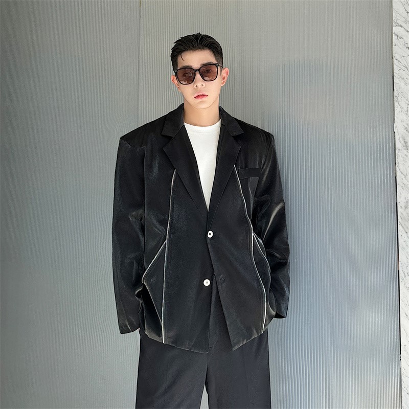 痞帅潮拉链装饰解构感偏光亮面休闲西装男宽松机能西服外套凹造型