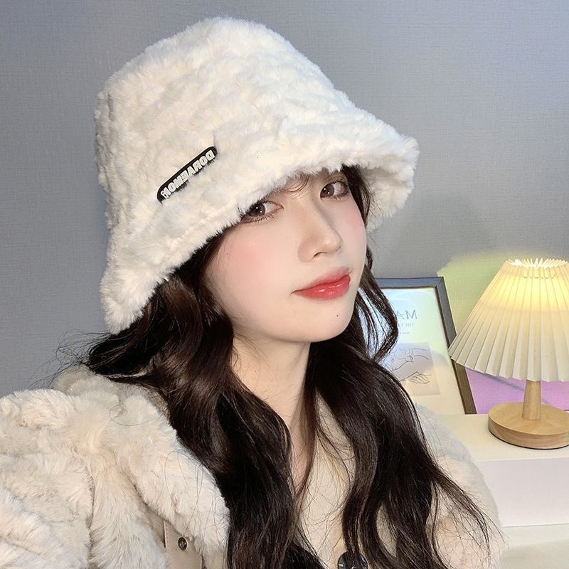 Plush Bonnet Women's Autumn and Winter Korean Style Beige Japanese Style Knitting Woolen Cap Warm Fisherman Hat Earflaps Slipover Bucket Hat