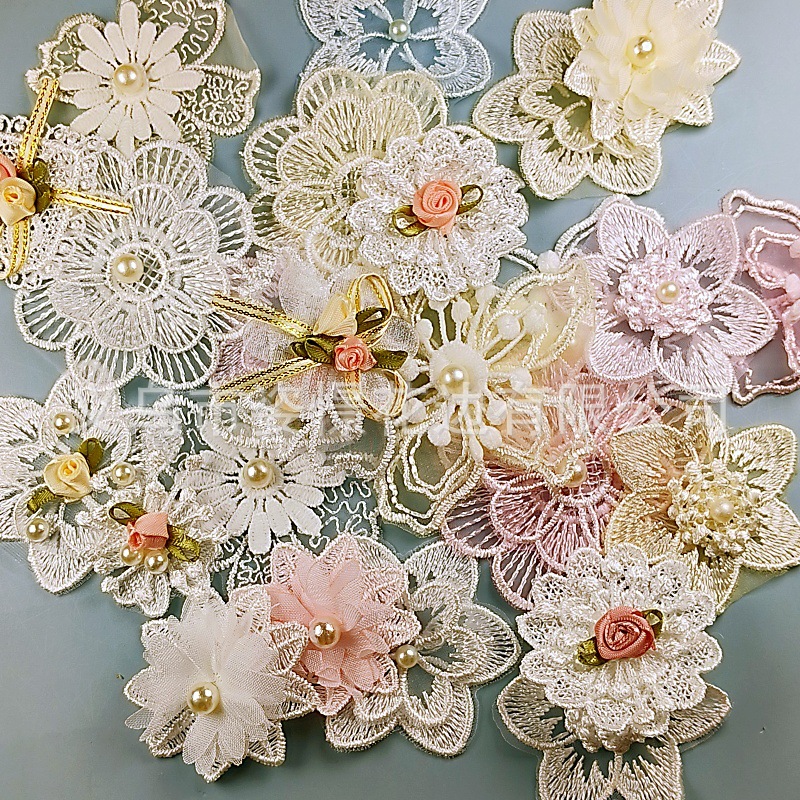 刺绣蕾丝花边 手工钉珠双层立体欧根纱花朵 婚纱童装服装花边辅料