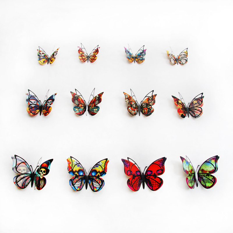 3d Double-Layer Butterfly Skull Halloween Background Wall Decoration Diy Home Decoration Wall Stickers 12 Pieces