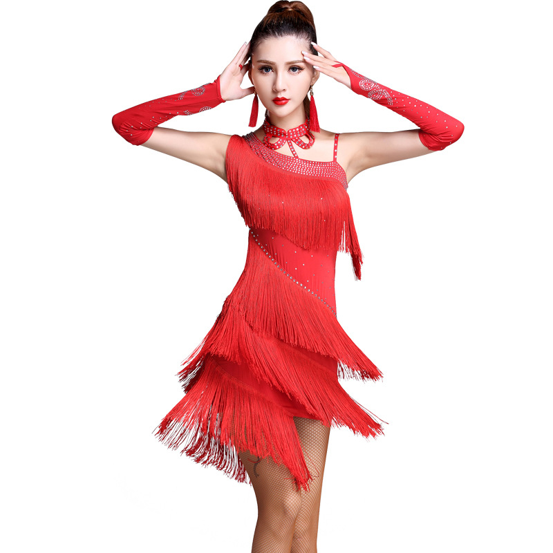 拉丁舞表演出服2021新款女成年人专业比赛服性感流苏连衣裙