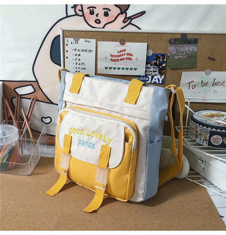 Japanese Ins Style Vintage Style Versatile Artistic Casual Embroidered Letters Contrast Color Girl Student Class Bag Messenger Bag