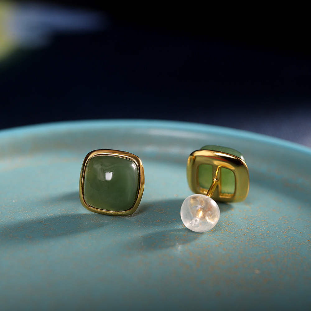 人品银品 s925银镀金简约时尚小清新方形和田碧玉女式