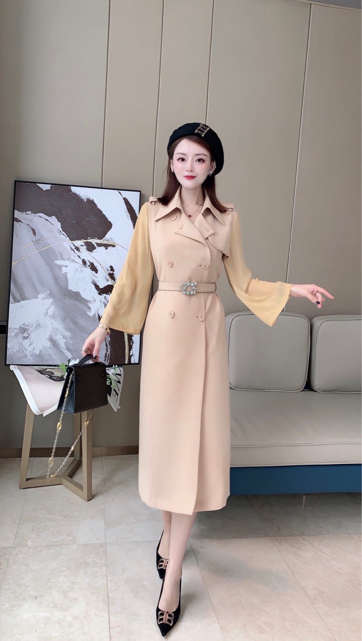 辰羽秋季新款纱袖风衣裙钻头腰带收腰显瘦气质连衣裙