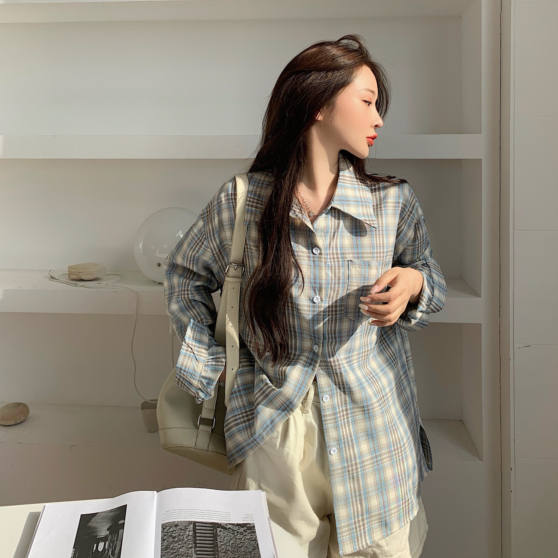 2021春秋季新款韩版bf风格子宽松休闲长袖防晒衣学生外套衬衫女