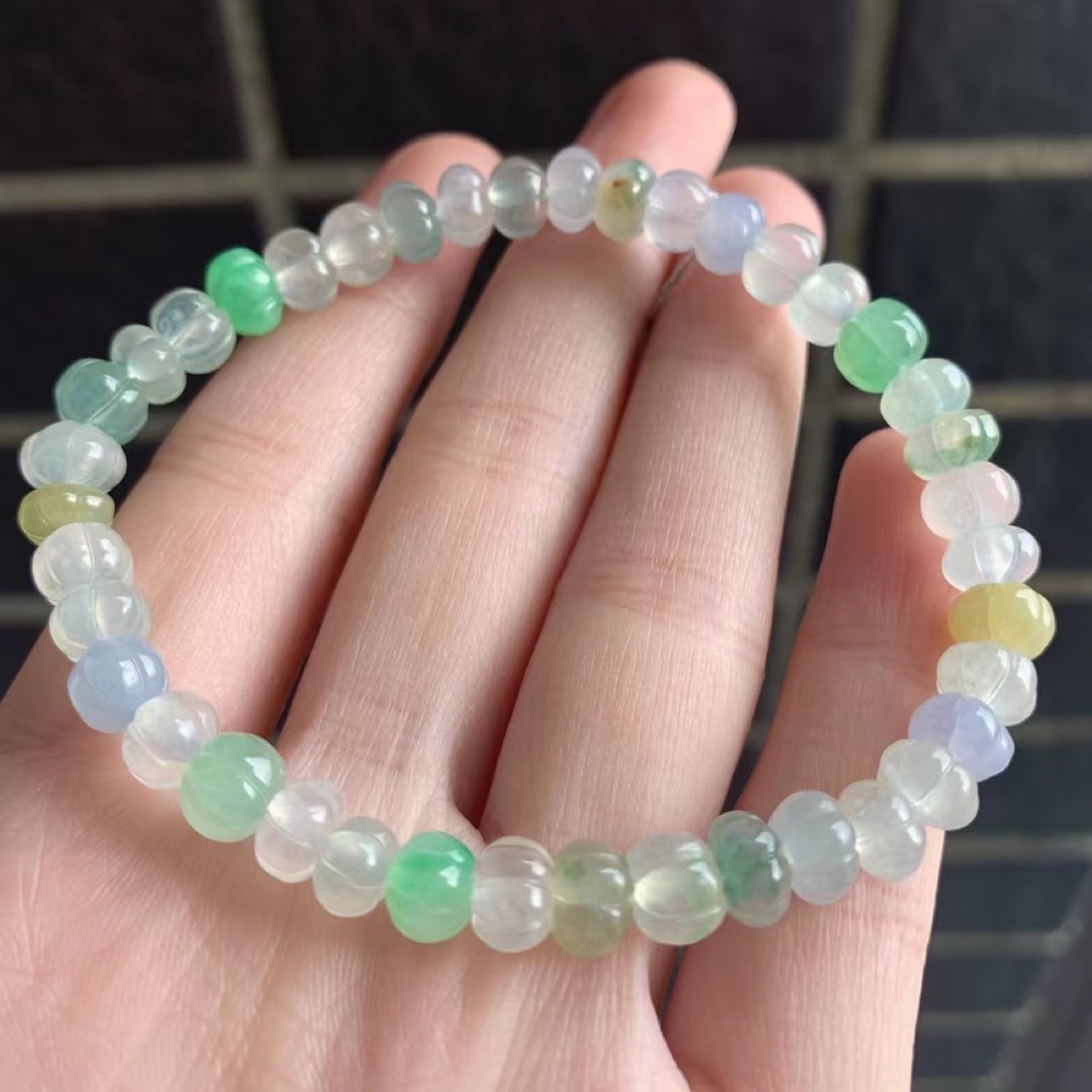 法米丽珠宝天然a货翡翠玻璃种南瓜种糖果手串冰透起光缅甸玉手链