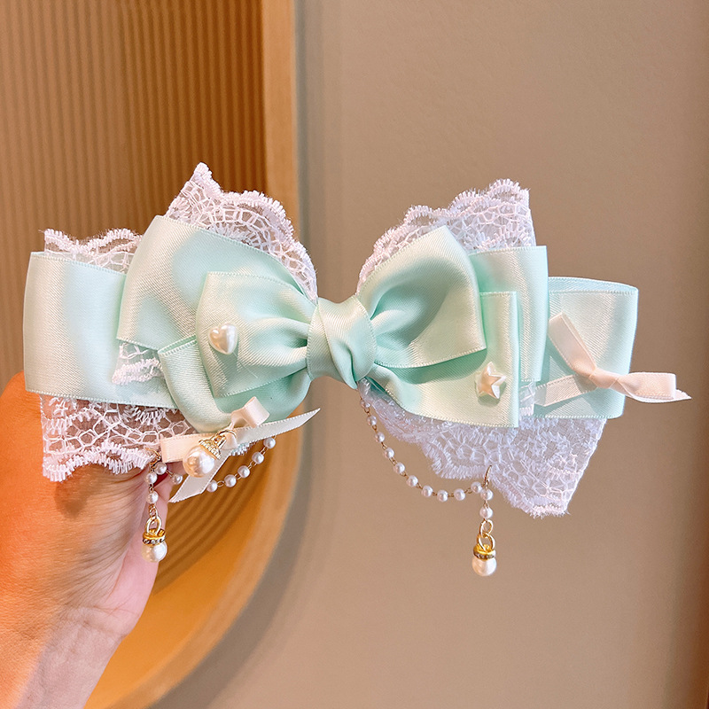 Cute Children's Bow Lace Headdress Pearl Tassel Mesh Barrettes Mori Style Girls Oversized Multilayer Bow