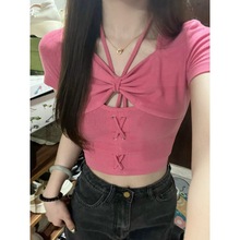 玫红色甜辣妹短袖T恤女夏季纯欲风ins设计感小众紧身露脐短款上衣